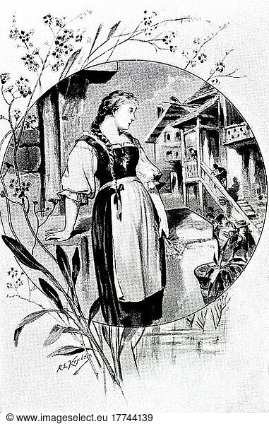 Forget-me-not  village view  young woman  longing  view  distance  lost in thought  houses  stairs  bouquet  historical illustration 1895