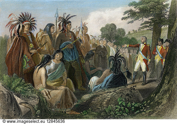FORT TICONDEROGA  1777. British General John Burgoyne commanding his Native American allies  before their successful attack on Fort Ticonderoga in July 1777  to make war in 'civilised' fashion. American engraving  19th century.