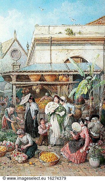 Foster Myles Birket - a Fruit and Vegetable Market Spain - British School - 19th Century.