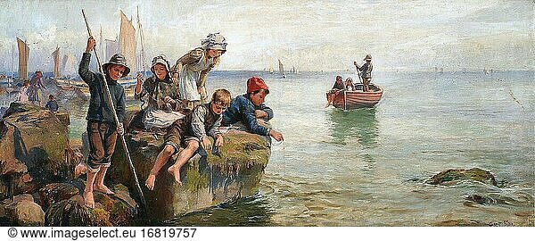 Foster William Gilbert - Children Fishing off the Quay - Britische Schule - 19.