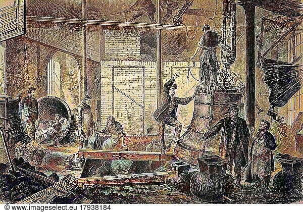 Foundry of a bell foundry  historical woodcut  circa 1870  digitally restored reproduction of an original from the 19th century  exact original date not known  coloured