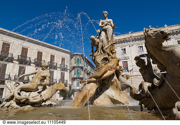 Fountain of Diana on the tiny island of Ortygia UNESCO World Heritage Site Syracuse Sicily Italy Europe