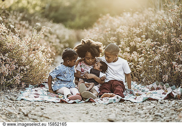 Four happy siblings sitting on blanket in backlit field together
