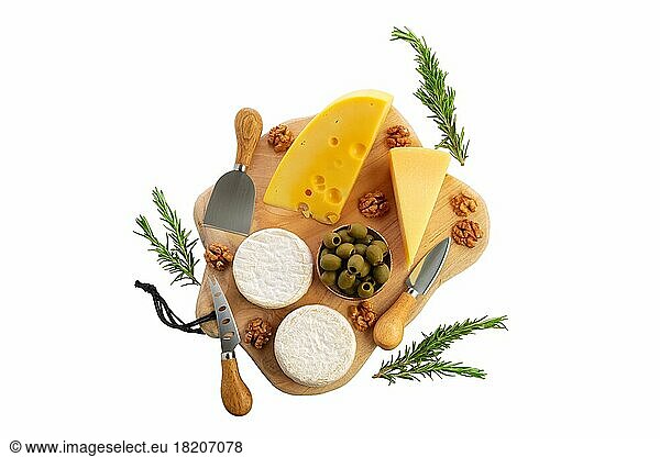 Four types of cheeses  parmesan  gouda  brie and camembert with olives on wooden board with cheese knives isolated on white
