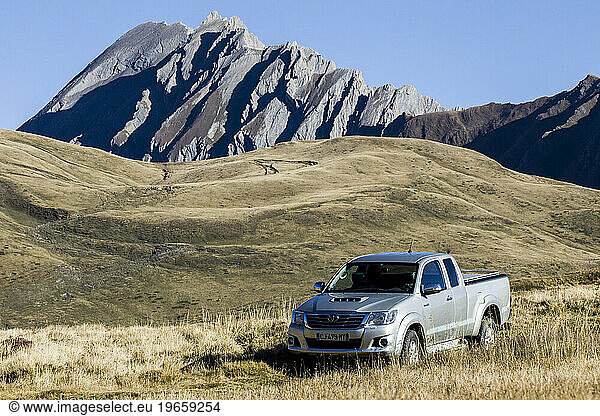 Four wheel drive pick up parked in French Alps at border of Italy near San Bernardino pass  Savoie  France