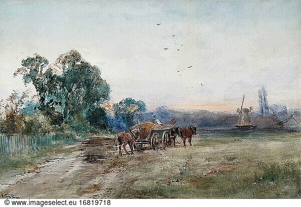 Fox Henry Charles - a Horse and Cart a Windmill Beyond - British School - 19. Jahrhundert.