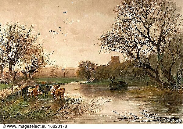 Fox Henry Charles - Flusslandschaft mit tränkendem Vieh - Britische Schule - 19. Jahrhundert.