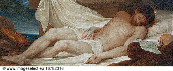 Frías y Escalante  Juan Antonio de 1633–1670.“The Dead Christ   1663.Oil on canvas  84 × 697 cm.Inv. Nr. 697Madrid  Museo del Prado.