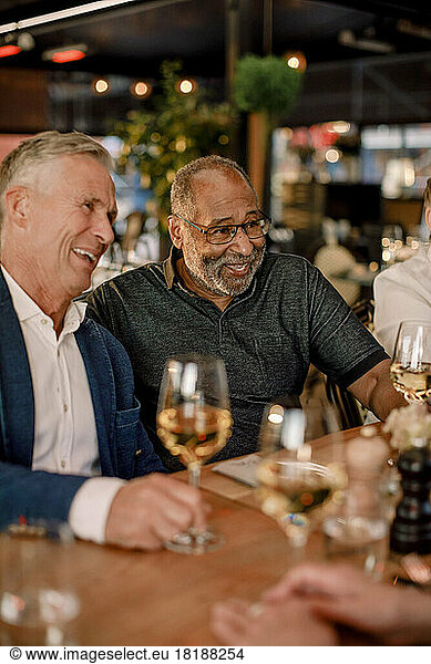 Fröhliche männliche Freunde mit Weingläsern  die in einem Restaurant sitzen und genießen