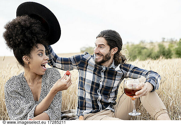 Fröhliches mittleres erwachsenes Paar beim Picknick auf einem Feld