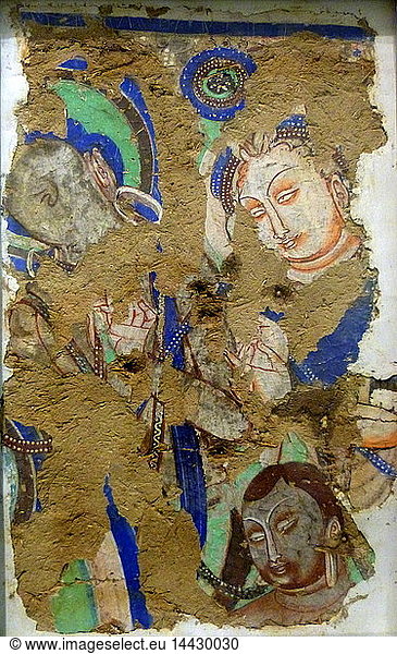Fragment of a Mural from a Buddhist Cave 500-600. This fragment from the Kizil Grottoes provides a glimpse of the rich tradition of Central Asian Buddhist painting. Kazil was an important Buddhist centre  It lay on the Northern silk route used by pilgrim monks on their way to visit holy sites in India. Its caves were richly decorated with paintings.