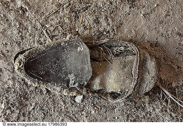 Fragment von Slipper-Halbschuh  maroder Herrenschuh am Boden  verrotteter Schuh  Schuhwrack  vergammelter Treter  ausgelatschter Schuh  abgetragener Schuh