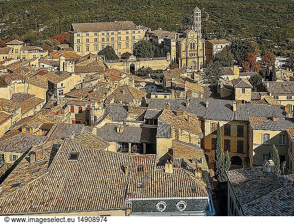 France,  Gard,  Uzes,  rooftop view with StTheodorit Cathedral