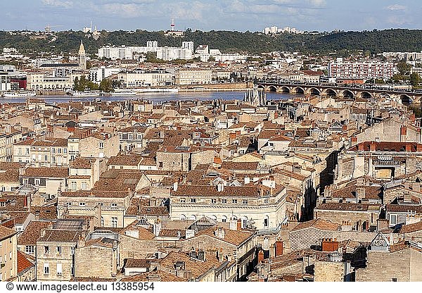 France,  Gironde,  Bordeaux,  area listed as World Heritage by UNESCO,  view of the old town,  the Stone Bridge and the river from the Tower Pey Berland