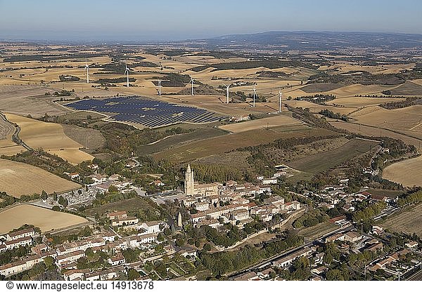 France,  Haute Garonne,  Avignonet Lauragais,  village,  solar and wind power station (aerial view)