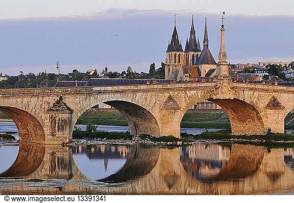 France,  Loir et Cher,  Loire Valley listed as World Heritage by UNESCO,  Blois,  Pont Jacques Gabriel,  bridge over Loire river and in background,  the Saint Nicolas church