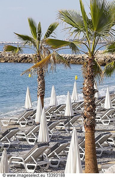 France  Alpes Maritimes  Cagnes sur Mer  sunbeds and parasols of the beach La Spiaggia