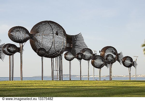 France  Alpes Maritimes  Cagnes sur Mer  the school of fish monumental wrought iron made by the artist Sylvain Subervie on the sea front
