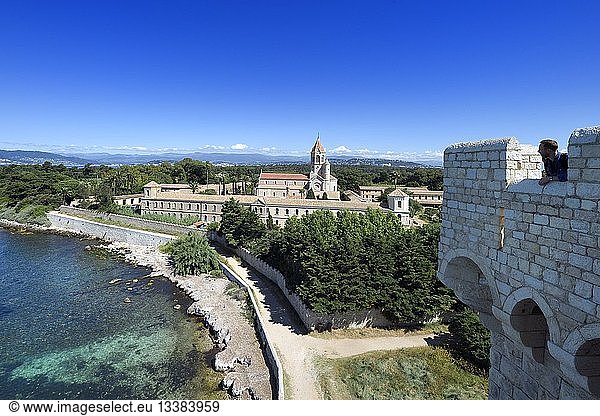 France  Alpes Maritimes  Lerins Islands  Saint Honorat island  Abbey of Lerins  former fortified monastery raised in 1073 and the abbey church in the background