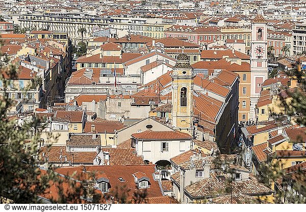 France  Alpes Maritimes  Nice  Old Nice district  steeple of the the Church of St. Rita or Church of the Annunciation and the Clock Tower