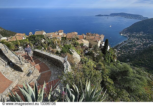 France  Alpes Maritimes  the hilltop village of Eze and its Exotic Garden  Saint Jean Cap Ferrat in the background