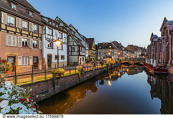 France  Alsace  Colmar  Lauch river canal in Little Venice at dusk
