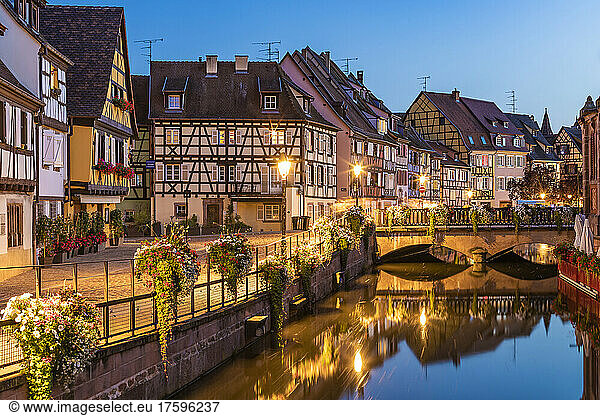 France  Alsace  Colmar  Long exposure of Lauch river canal in Little Venice at dusk