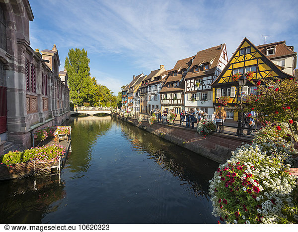 France  Alsace  Colmar  View of La Petite Venise quarter  half-timbered houses on canal