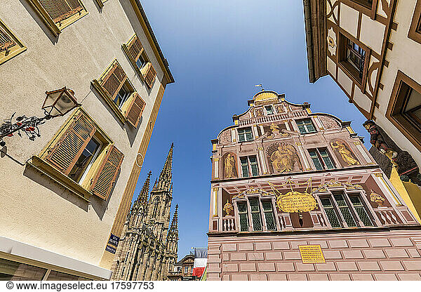 France  Alsace  Mulhouse  Low angle view of historical town hall and surrounding houses