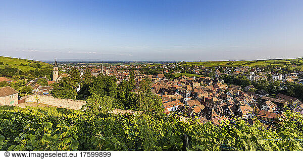 France  Alsace  Ribeauville  Panoramic view of rural town in summer