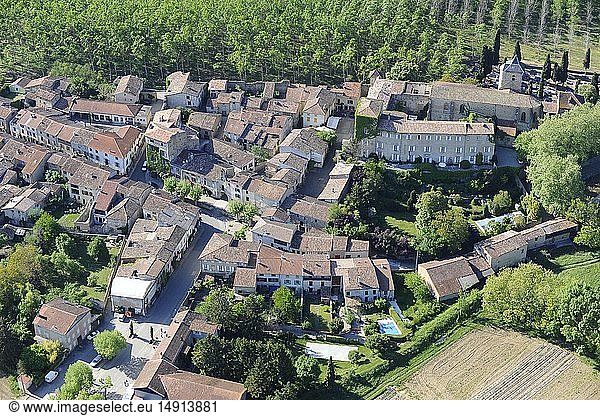 France  Ariege  Camon  labeled The Most Beautiful Villages of France  medieval village fortified around an ancient Benedictine abbey  view of the tower church tower (aerial view)
