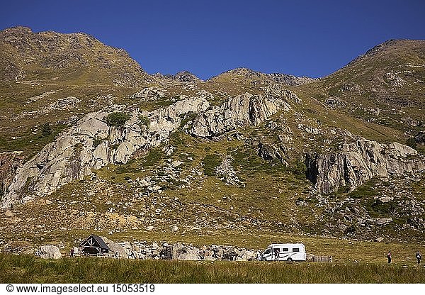 France  Ariege  Vicdessos Valley  Orris du Carla  Motorhome at the parking to Port of Bouet
