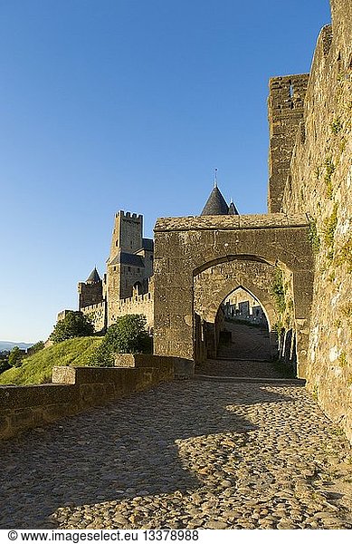 France  Aude  Carcassonne  medieval city listed as World Heritage by UNESCO  the ramparts on the western side by Porte d'Aude (Aude Gate)