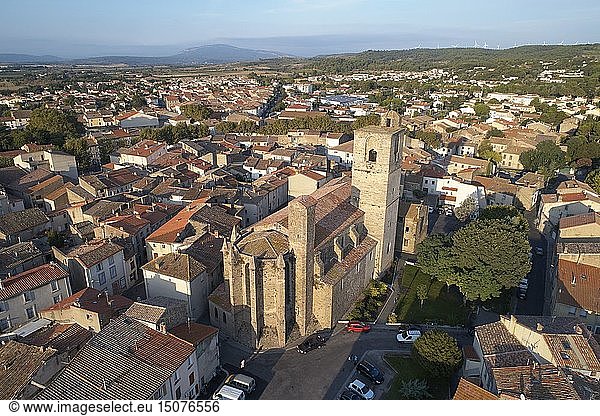 France Aude Lézignan-Les-Corbières the village and the church Saint-Félix aerial view