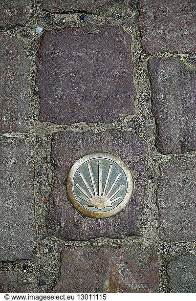 France  Bas Rhin  Boersch  village street  Coquille St. Jacques on the pavement  on the way to St Jacques de Compostela