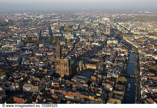 France  Bas Rhin  Strasbourg  old town listed as World Heritage by UNESCO  Notre Dame Cathedral and St Paul church (aerial view)