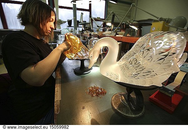 France  Bas Rhin  Wingen sur Moder  Lalique factory of Wingen on Moder  the cold hall  some parts of the piece of crystal are protected by a resin which will resist the sanding  Lalique is a French luxury company  founded by the master glassmaker and French jewelery designer Rene Lalique in 1888