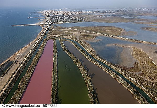 France  Bouches-du-Rhône (13)  Regional Nature Park of the Camargue  settling basin predominantly red salt marshes near Saintes Maries-de-la-Mer (aerial view)