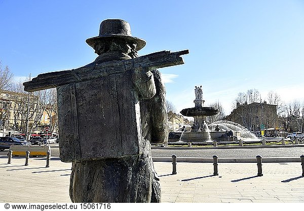 France  Bouches du Rhone  Aix en Provence  the Rotonda square  Paul Cezanne statue and La Rotonde fountain