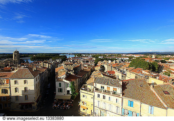 France Bouches du Rhone Arles roofs the Rhône in the background