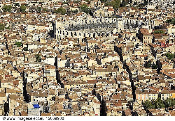 France Bouches du Rhone Arles the city center with the arena Roman amphitheater (80/90 AD J-C.) Historical monument UNESCO World Heritage (aerial view)