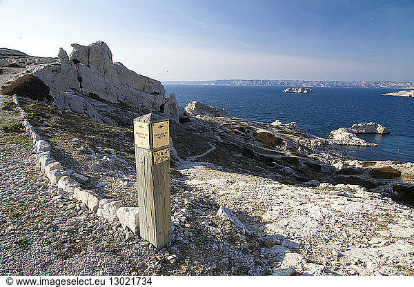 France  Bouches du Rhone  Calanques National Park  Marseille  Archipel du Frioul  Ile de Pomegues  signpost on the path of the Calanque de Crine
