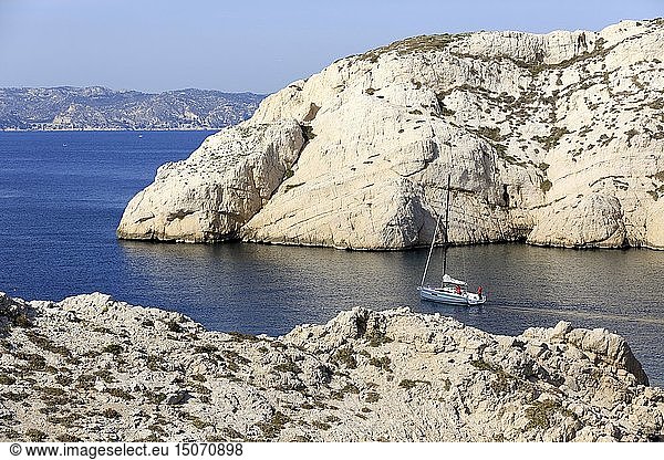 France  Bouches du Rhone  Calanques National Park  Marseille  Frioul Islands Archipelago  Ratonneau Island  Banc de Port  sailboat at anchor