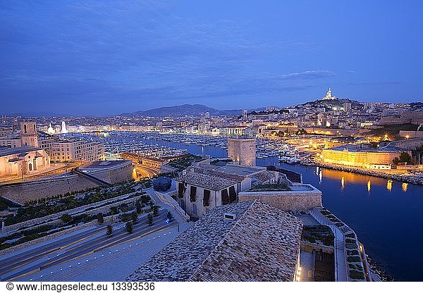 France  Bouches du Rhone   Marseille  Euromediterranee area  the Fort Saint Jean historical monument and the Jardin des Migrations  R. and R. Ricciotti architects Carta  the church of Saint Laurent  listed building  the Vieux Port and Notre Dame de La Garde background