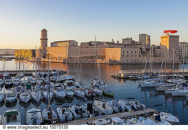 France  Bouches du Rhone  Marseille  Fort Saint Jean and the boats of the Vieux Port (Old Port)