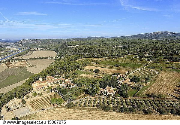 France  Bouches du Rhone  Sainte Victoire Site  valley of La Durance  Peyrolles en Provence  Notre Dame de la Fidelite Abbey (aerial view)