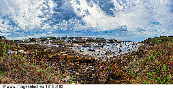 France  Brittany  Le Conquet  Panoramic view of boats in bay at low tide 