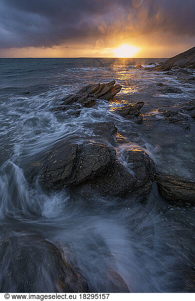 France  Brittany  Rocky coastline of Pointe Saint-Mathieu headland at sunset
