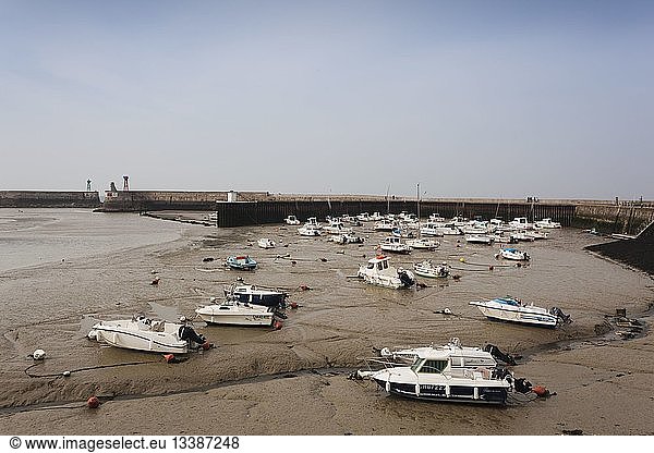 France  Calvados  D-Day Beaches Area  Port en Bessin  elevated view of boats in low tide