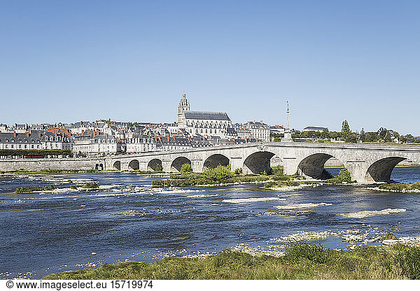 France  Centre-Val de Loire  Blois  Clear sky over Pont Jacques-Gabriel with city in background
